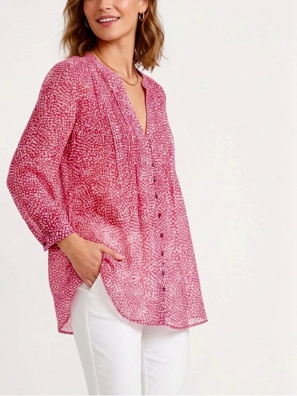 JOIE 100% Silk Hot Pink Polka Dot Semi-Sheer Chiffon Blouse Pintuck Pleated Top